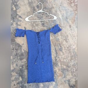 Cefian Blue Knit Dress with Ruffle Sleeves